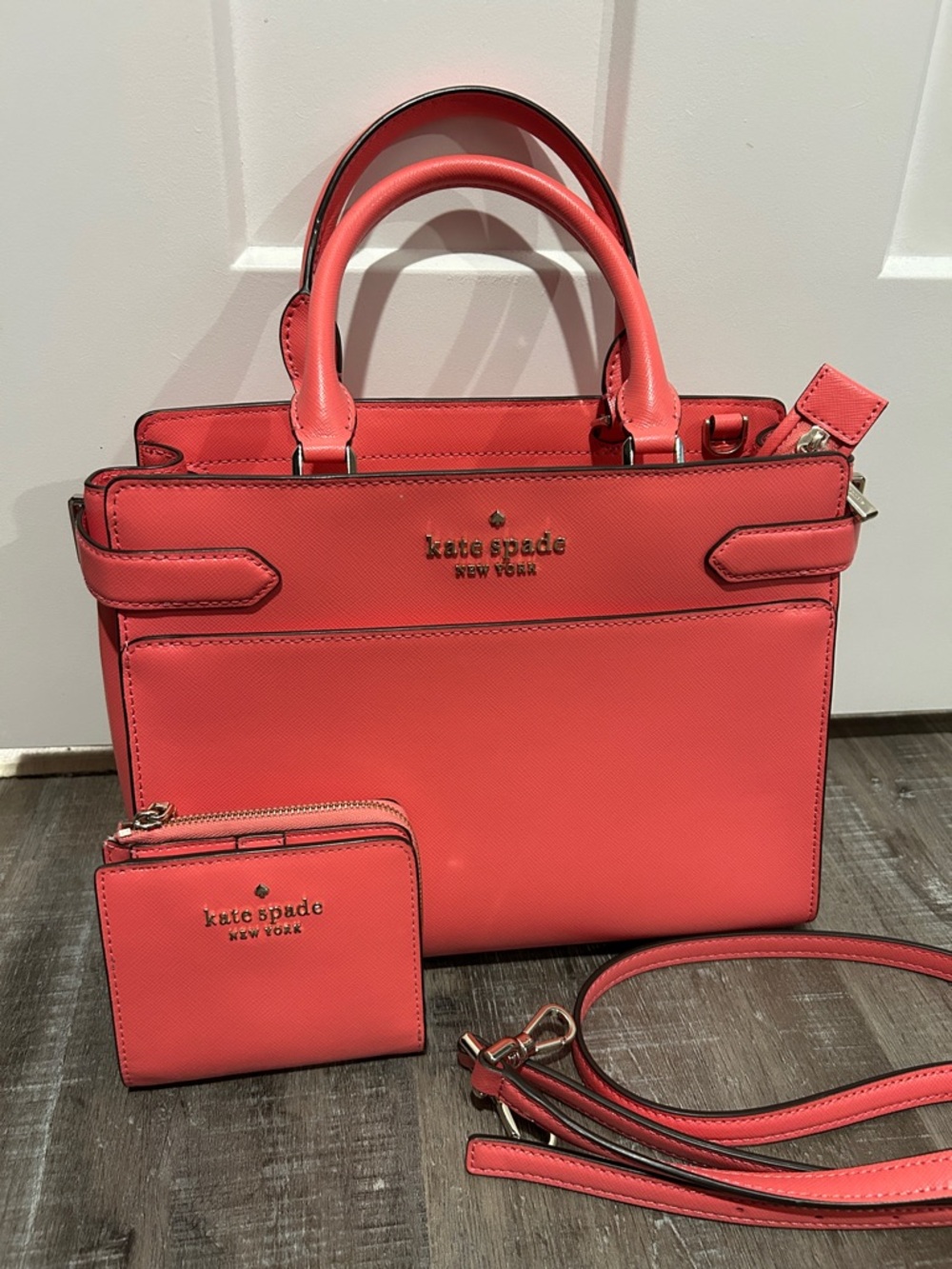 kate spade coral-pink satchel with matching wallet and strap